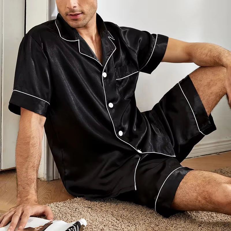 Men Satin Short Sleeve Pajama Set Summer Sleepwear for Man Button-Down Shirt & Elastic Waist Shorts Pajamas Home Clothes 2 Piece