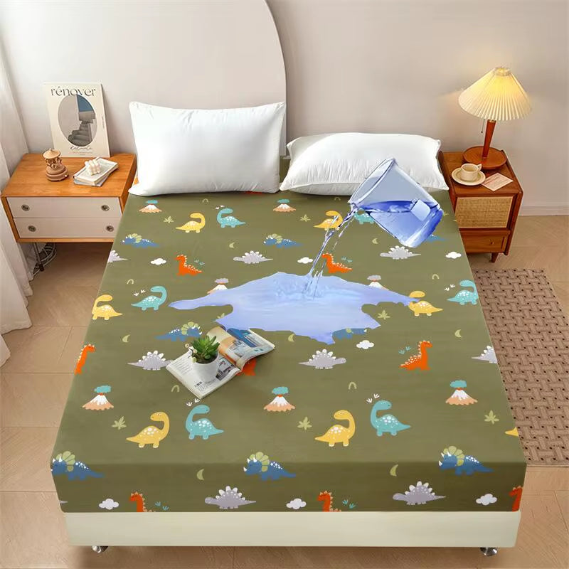 Kuup-Polyester 360° Waterproof Cartoon Fitted Sheet Only(No Pillowcase) Elastic Band around Mattress Cover King Size Bed Cover