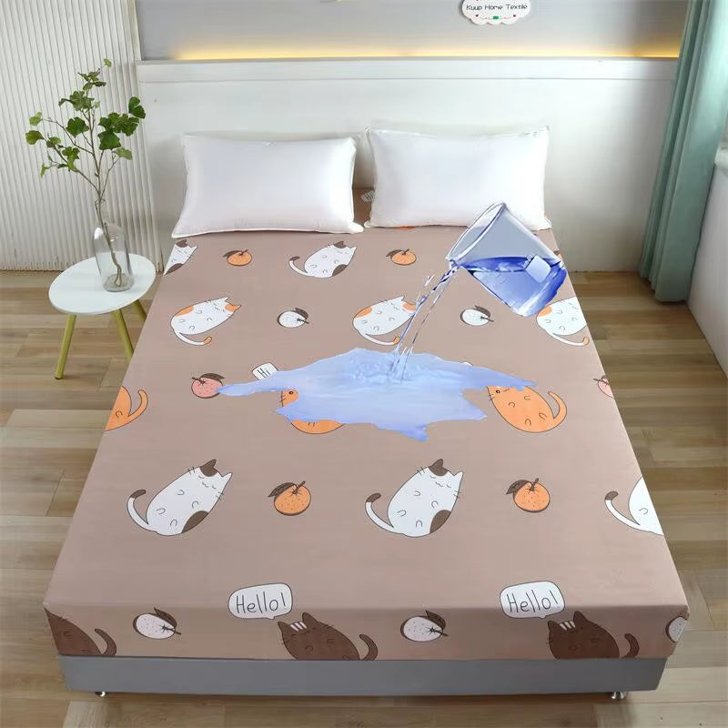 Kuup-Polyester 360° Waterproof Cartoon Fitted Sheet Only(No Pillowcase) Elastic Band around Mattress Cover King Size Bed Cover