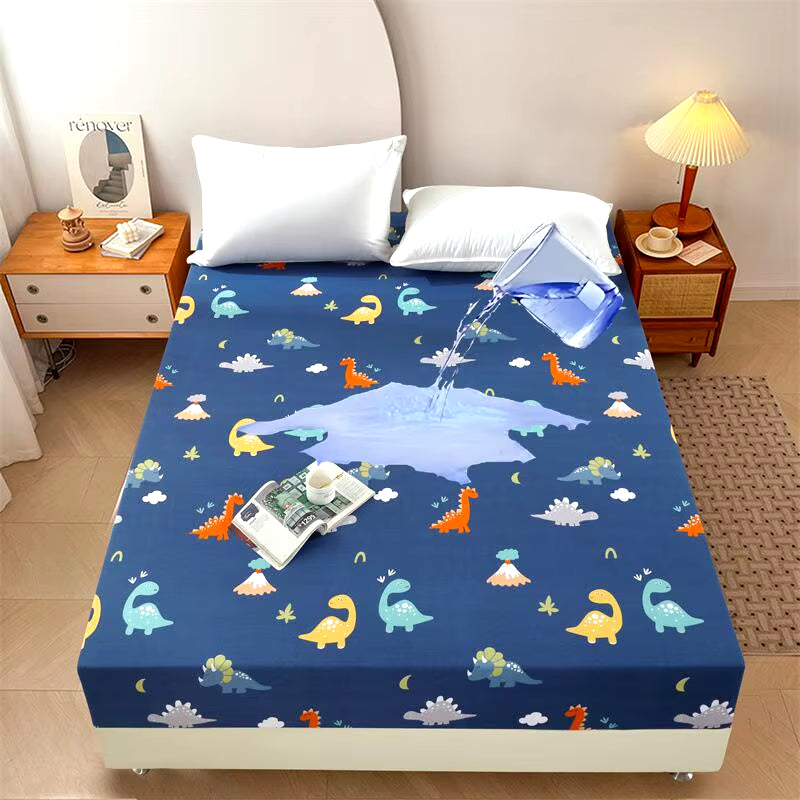 Kuup-Polyester 360° Waterproof Cartoon Fitted Sheet Only(No Pillowcase) Elastic Band around Mattress Cover King Size Bed Cover