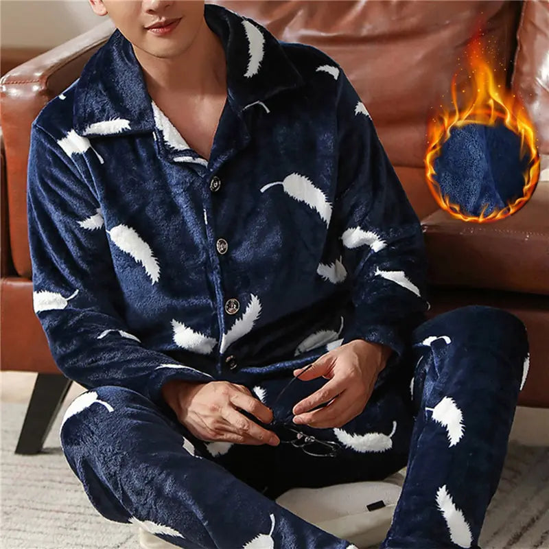 Mens Warm Flannel Pajamas Set