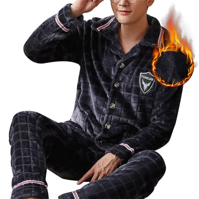 Mens Warm Flannel Pajamas Set