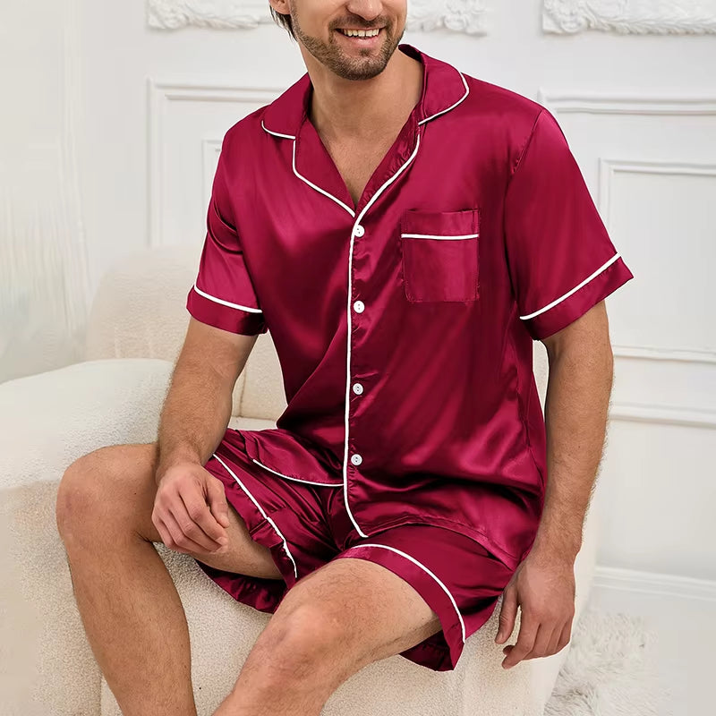 Men Satin Short Sleeve Pajama Set Summer Sleepwear for Man Button-Down Shirt & Elastic Waist Shorts Pajamas Home Clothes 2 Piece