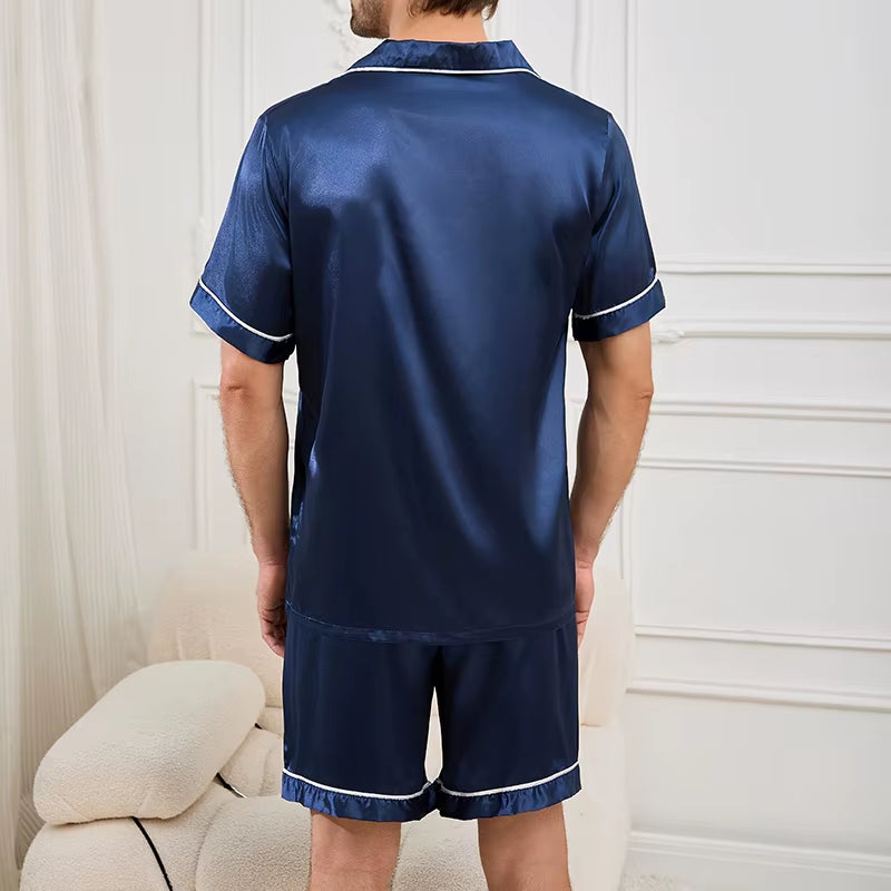 Men Satin Short Sleeve Pajama Set Summer Sleepwear for Man Button-Down Shirt & Elastic Waist Shorts Pajamas Home Clothes 2 Piece