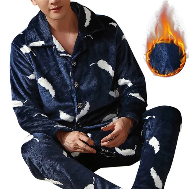 Mens Warm Flannel Pajamas Set