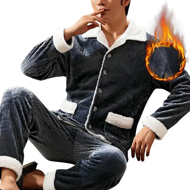 Mens Warm Flannel Pajamas Set