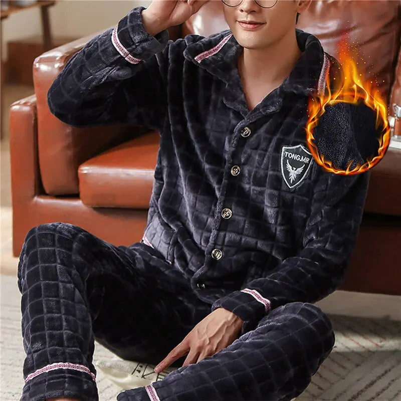 Mens Warm Flannel Pajamas Set