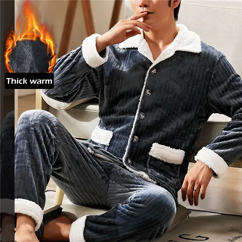 Mens Warm Flannel Pajamas Set