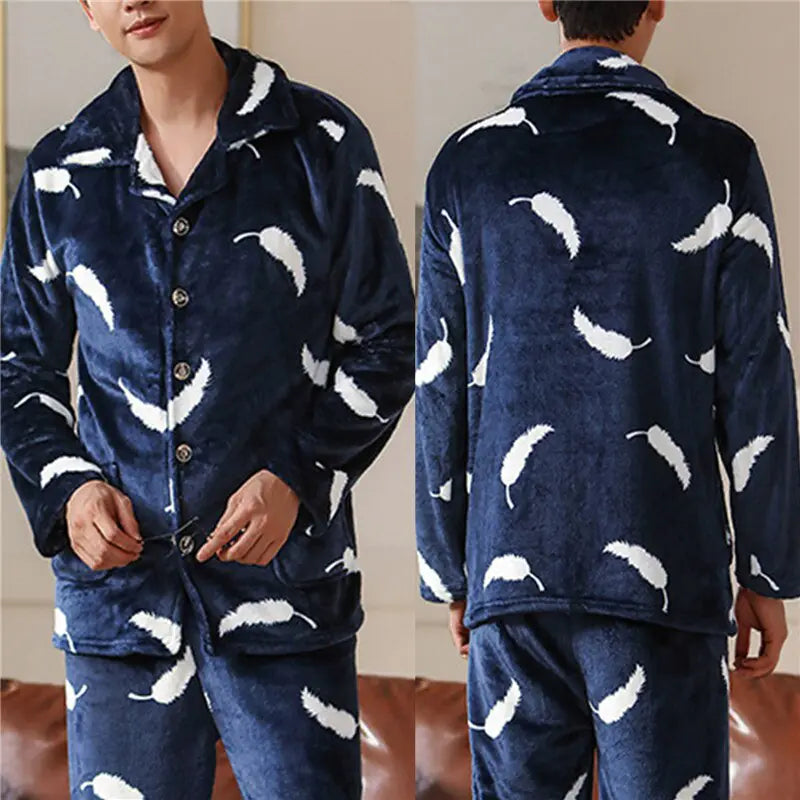 Mens Warm Flannel Pajamas Set